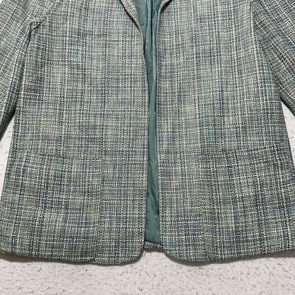 David N. Women's 8 Pure Silk Blazer Jacket Open Front Tweed Green Striped Coat - Picture 4 of 12
